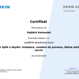 certifikát na montáž klimatizací Daikin
